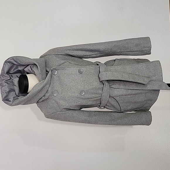 New Look Coat Double Breasted Pea Coat Wool/Poly Blend Tie & Button Gray Size M - Picture 14 of 16